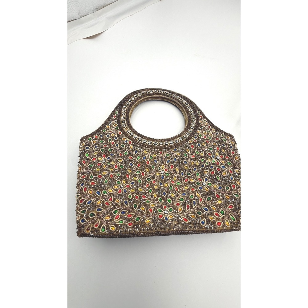 Mochi Hand-Beaded Zardosi Evening Bag - Metallic Gold with Multi-Color Accents - Picture 4 of 9